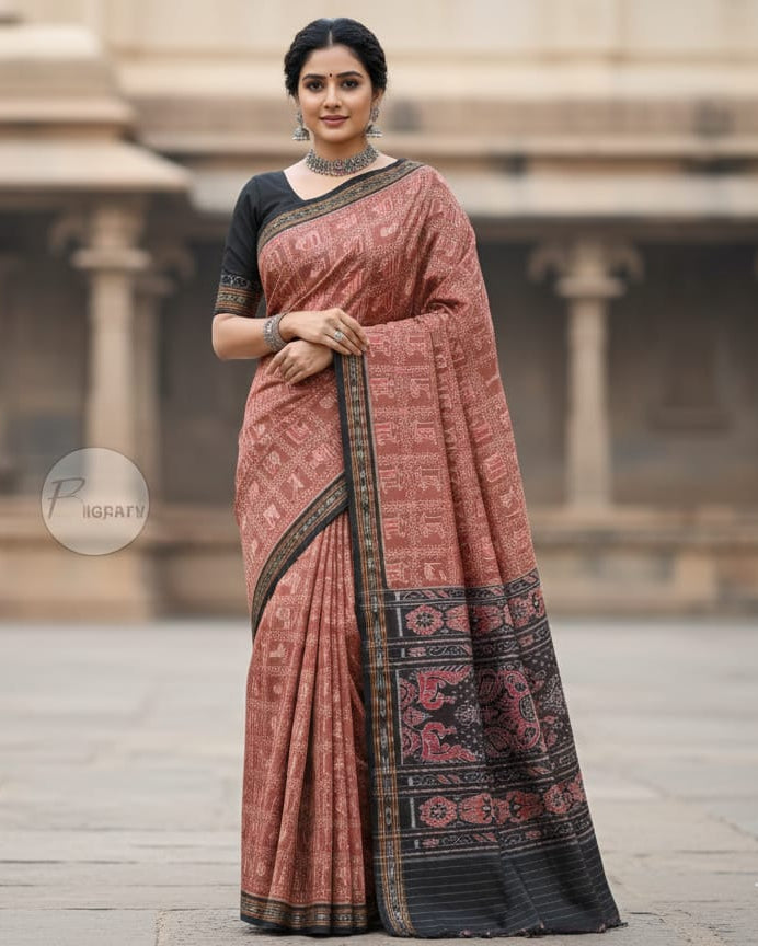Brown Black Tribal Odisha Handloom Sambalpuri Cotton Saree