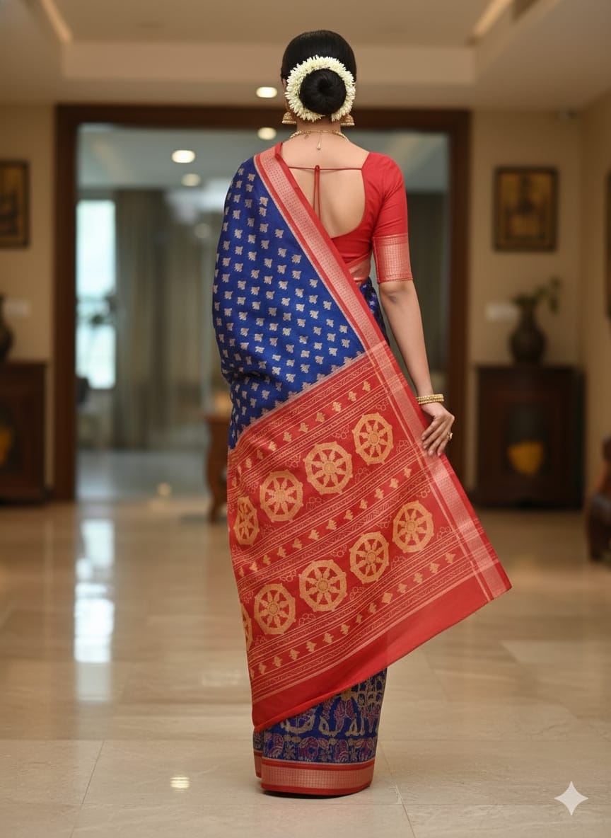 Blue Red Scot Dancer Odisha Handloom Sambalpuri Cotton Saree