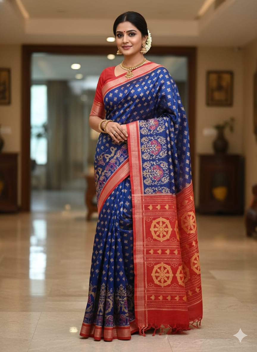 Blue Red Scot Dancer Odisha Handloom Sambalpuri Cotton Saree