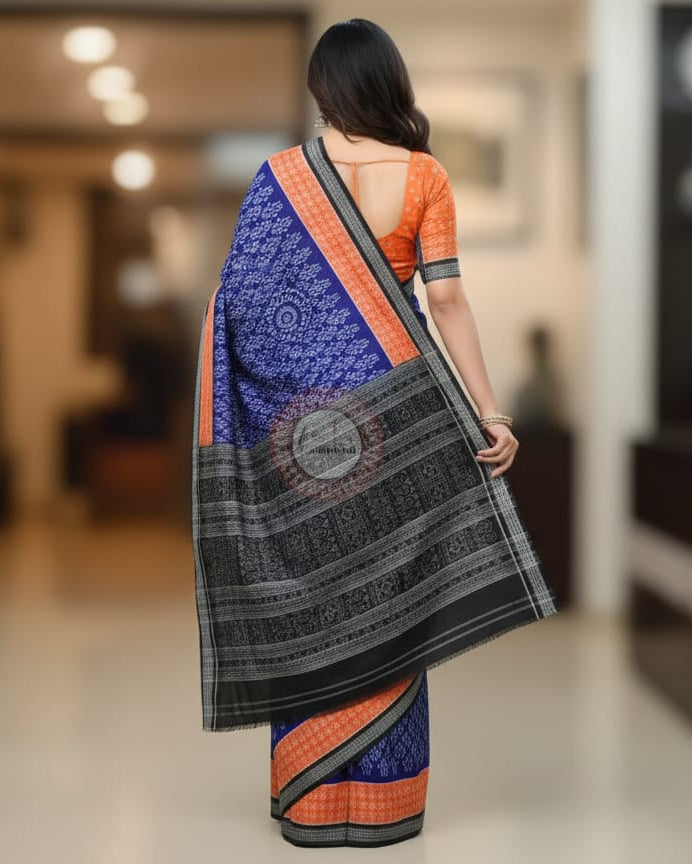 Blue Orange Black Flower Odisha Handloom Sambalpuri Cotton Saree