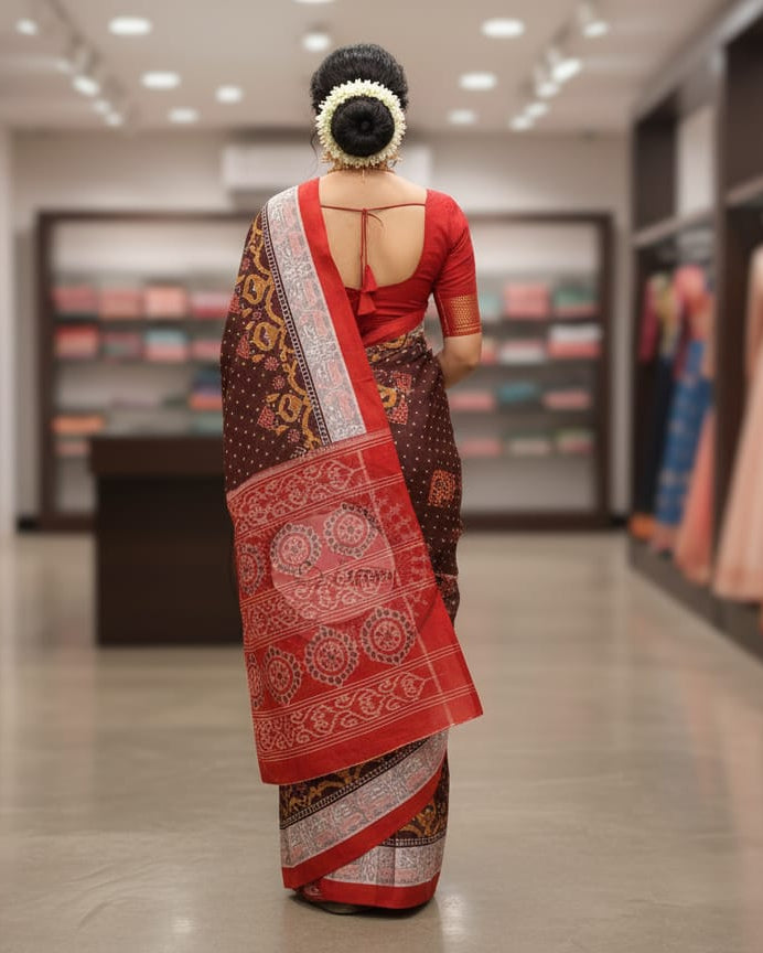 Coffee Off White Red Scot Animal motifs Sambalpuri Cotton Saree