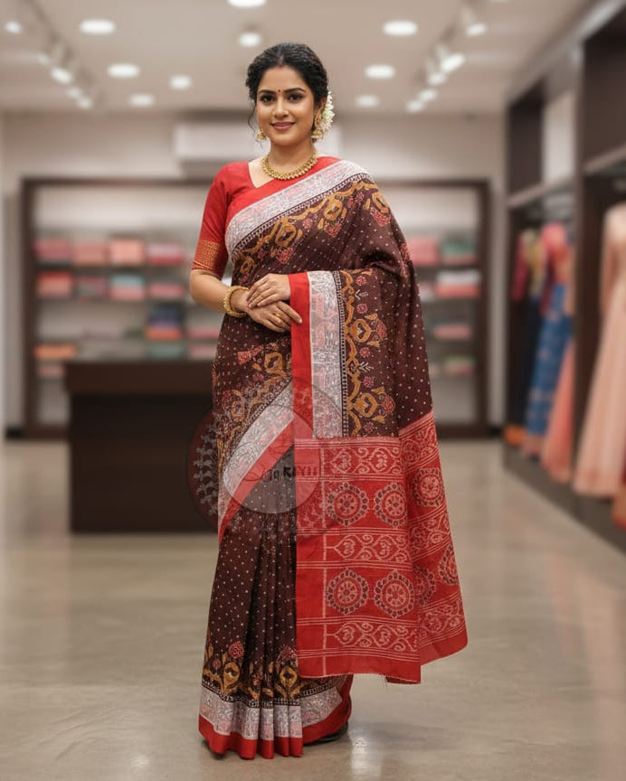Coffee Off White Red Scot Animal motifs Sambalpuri Cotton Saree