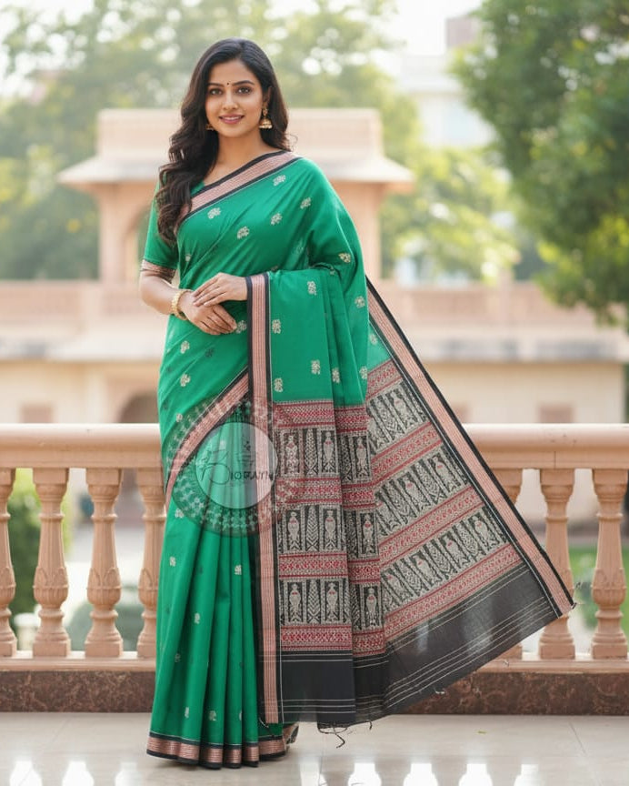 Bottle Green Black Handloom Bomkai Cotton Saree