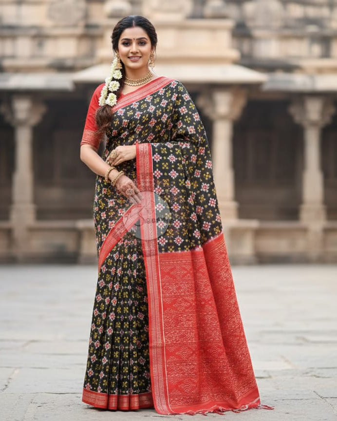 Black Red Multi Colour Pasapali Odisha Handloom Sambalpuri Cotton Sareee