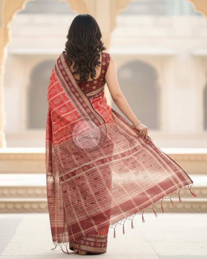 Red Coffee Chita Lotus And Laxmi Yantra Odisha Handloom Sambalpuri Cotton