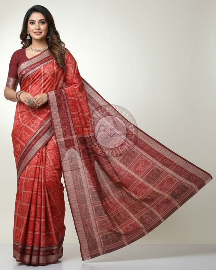 Red Maroon Lotus And Jhoti Odisha Handloom Sambalpuri Cotton Saree