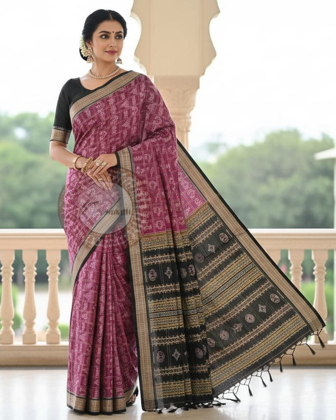 Magenta Black Laxmi Pada Jhoti Odisha Handloom Sambalpuri Cotton Saree