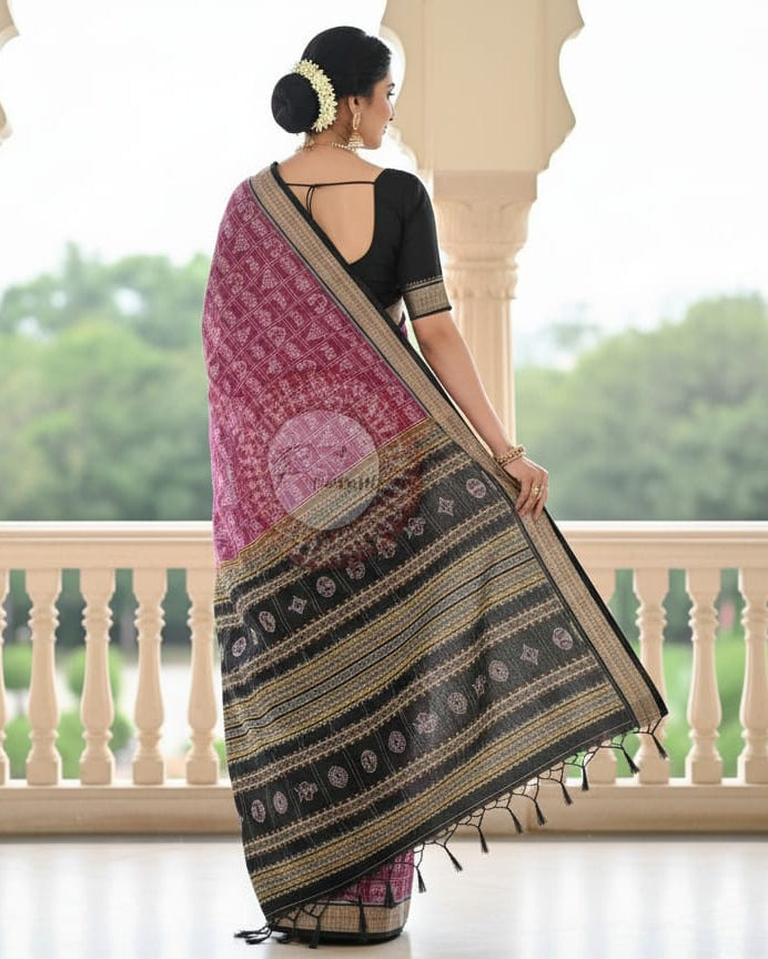 Magenta Black Laxmi Pada Jhoti Odisha Handloom Sambalpuri Cotton Saree