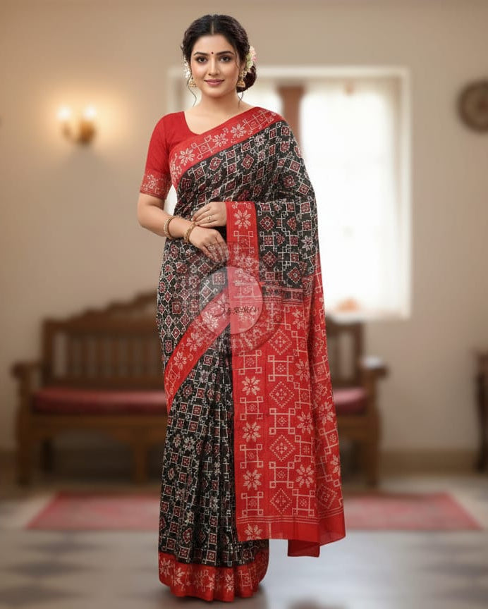 Black Red Telia Rumal Design Odisha Handloom Sambalpuri Cotton