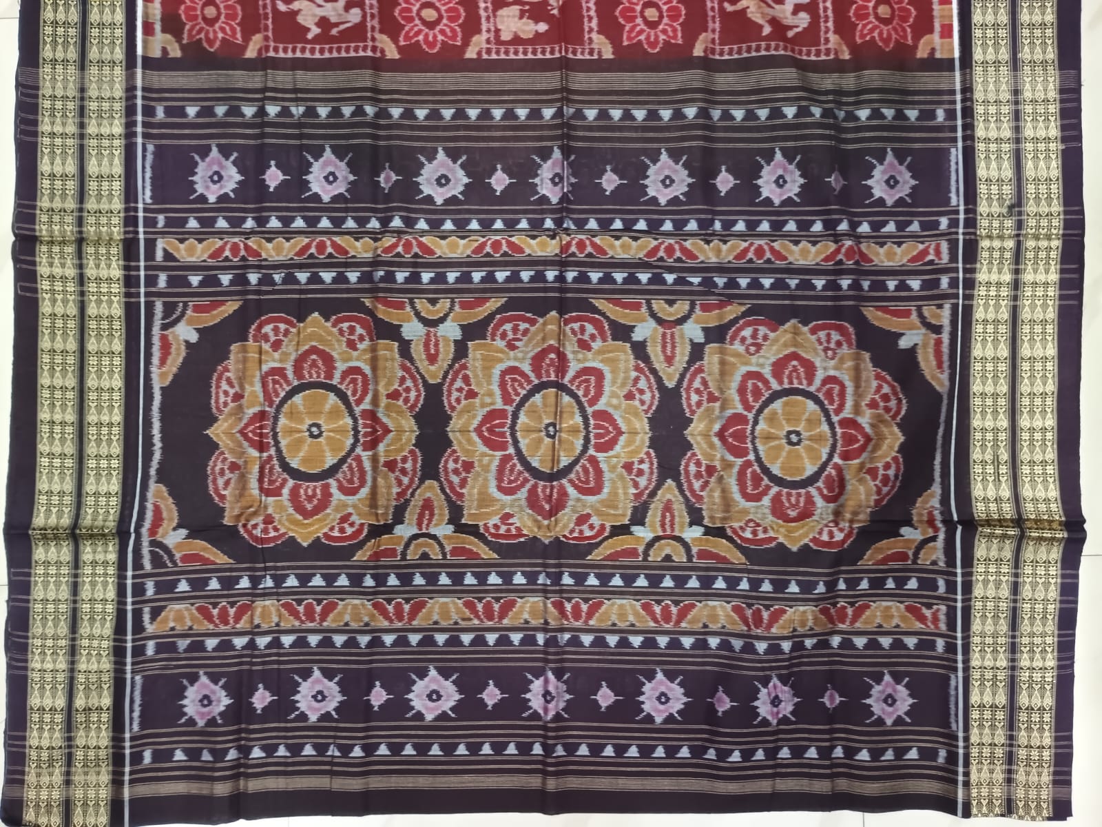Maroon Coffee Dancer And Flower Design Odisha Handloom Sambalpuri Cotton Saree