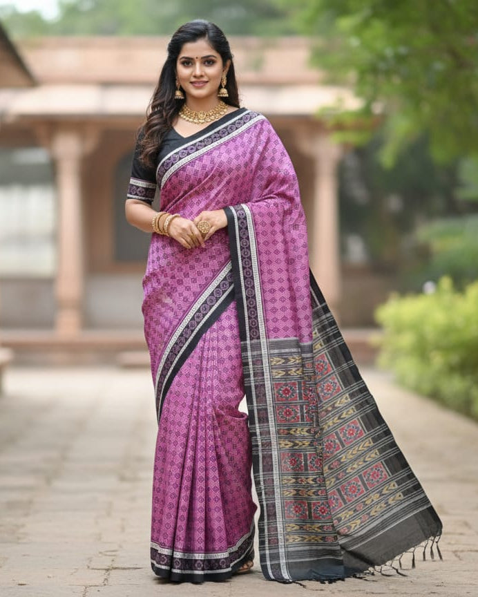 Purple Black Ikat Design Odisha Handloom Sambalpuri Cotton Saree
