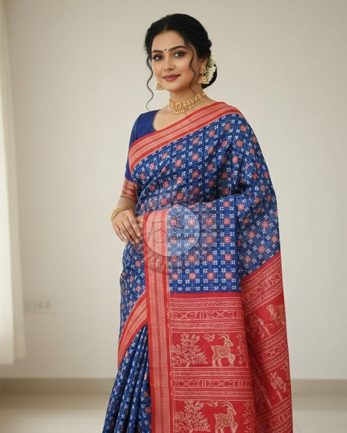 Blue Red Mini Passapalli Odisha Handloom Sambalpuri cotton Saree