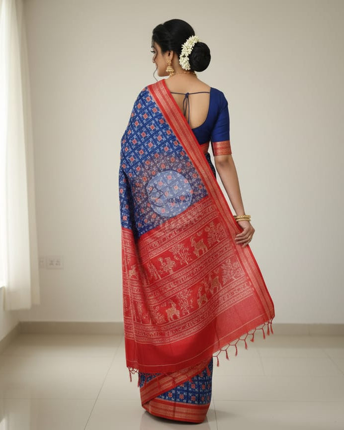 Blue Red Mini Passapalli Odisha Handloom Sambalpuri cotton Saree
