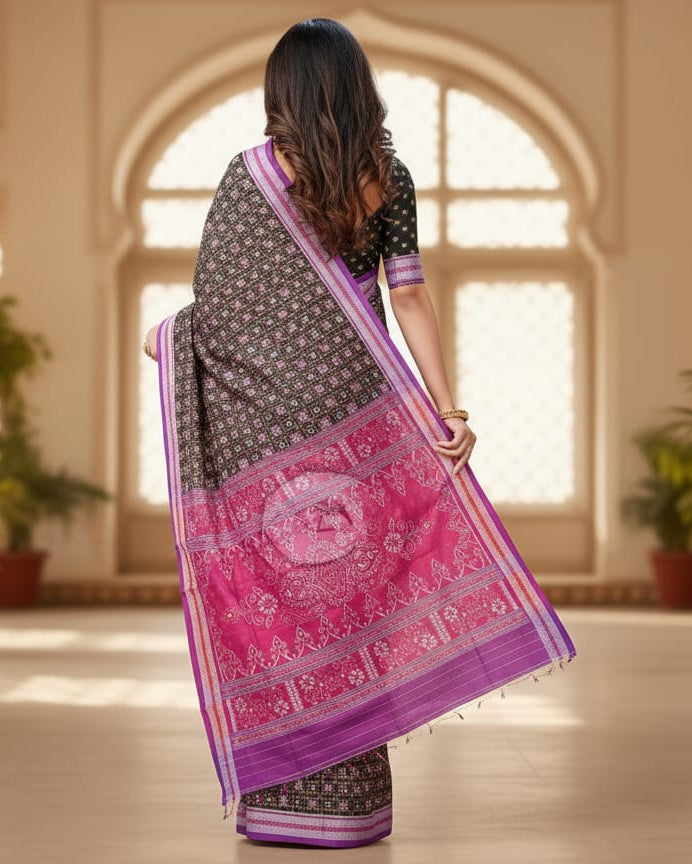 Black Purple Mini Pasapali Odisha Handloom Sambalpuri Cotton Saree