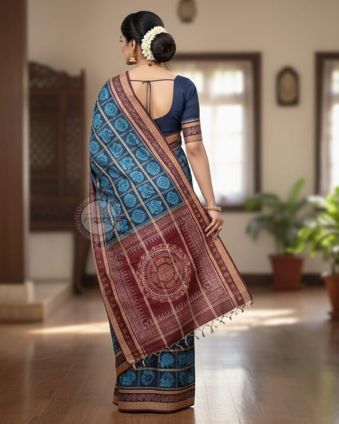 Blue Maroon Jhoti Odisha Handloom Sambalpuri Cotton Saree