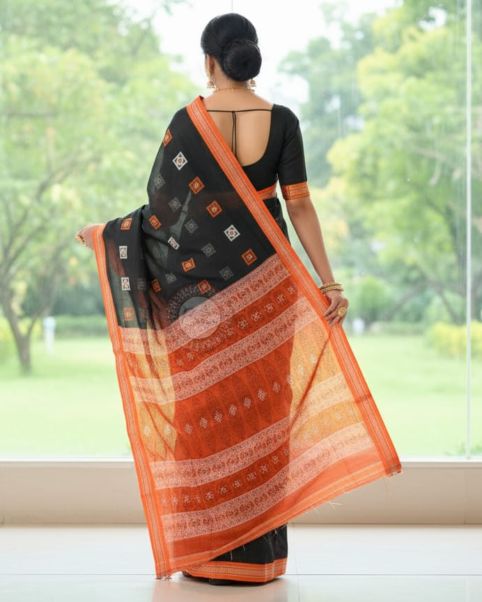Black Orange Buti Handloom Bomkai Cotton Saree