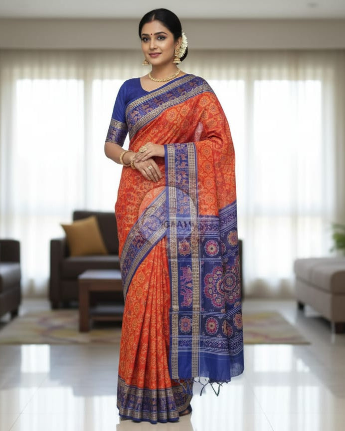 Red Blue Dancer Sambalpuri Cotton Saree