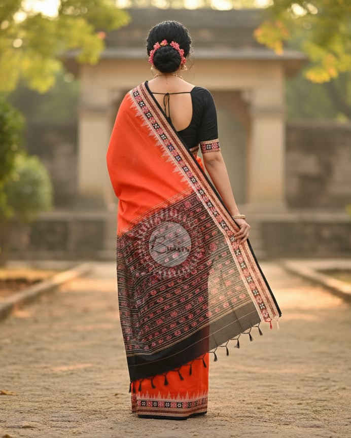 Orange Black Buti Handloom Sambalpuri Cotton Saree