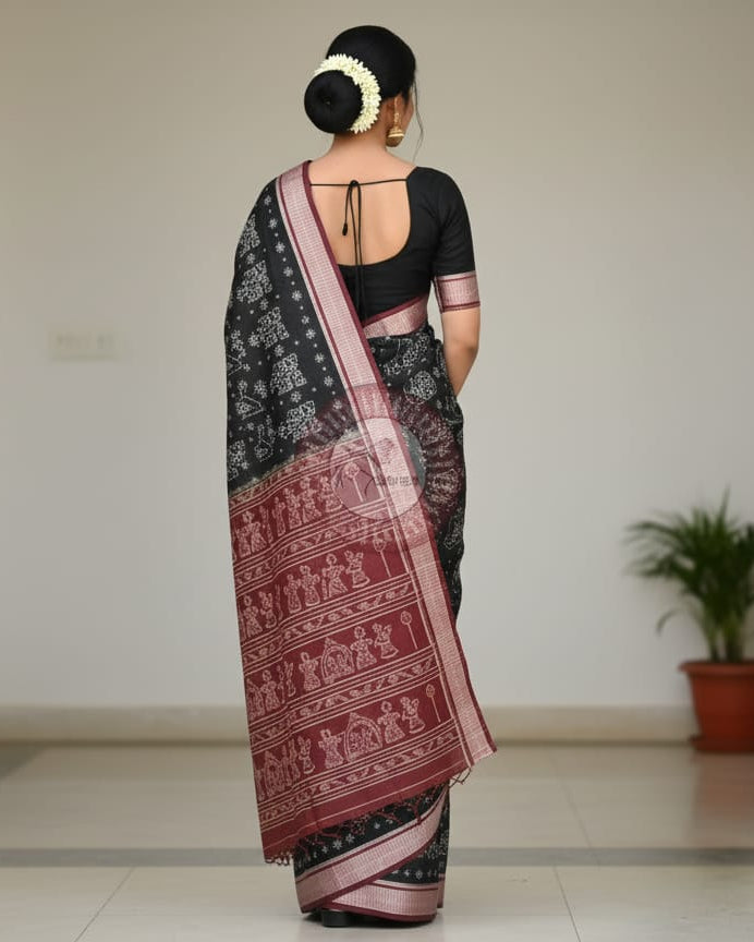 Black Maroon Birds Design Sambalpuri Cotton Saree