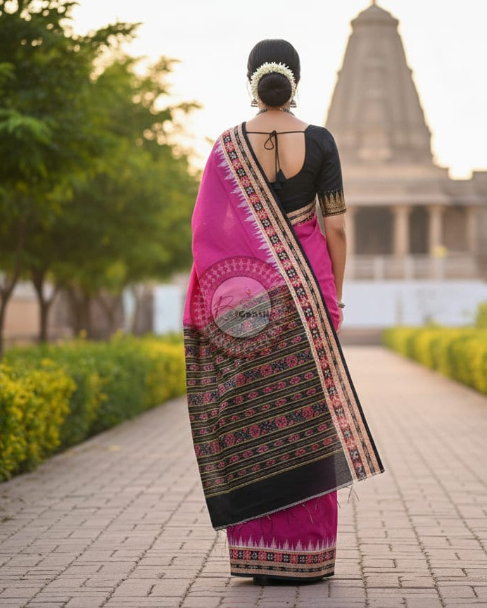 Magenta Black Buti Pasapali Handloom Sambalpuri Cotton Saree