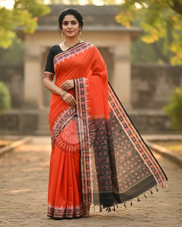 Orange Black Buti Handloom Sambalpuri Cotton Saree