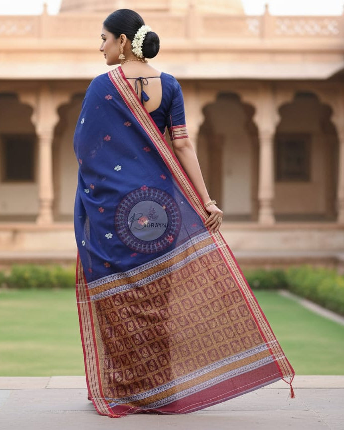Navy Blue Maroon Peacock Handloom Bomkai Cotton Saree
