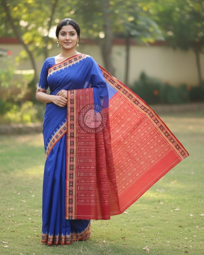 Blue Maroon Pasapali Border Handloom Sambalpuri Cotton Saree