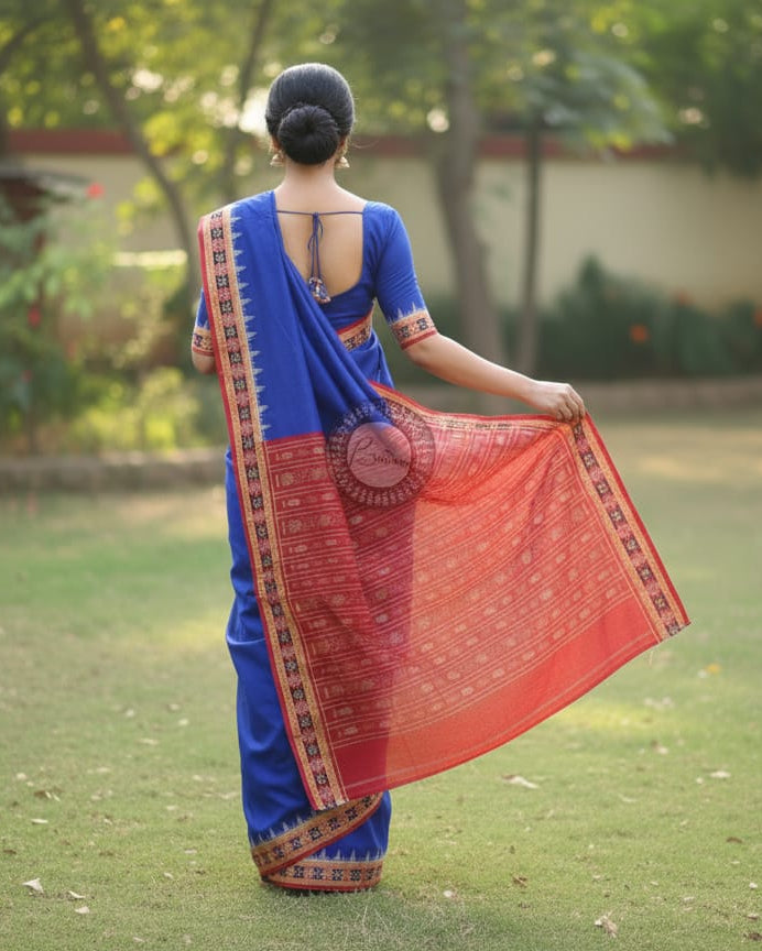 Blue Maroon Pasapali Border Handloom Sambalpuri Cotton Saree