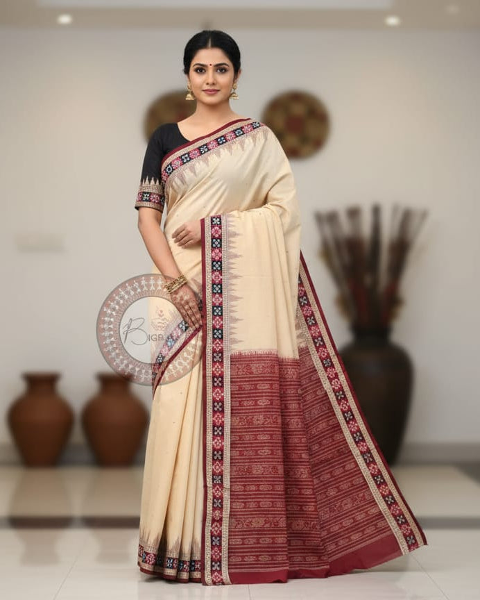 Cream Maroon Pasapali border Handloom Sambalpuri Cotton Saree