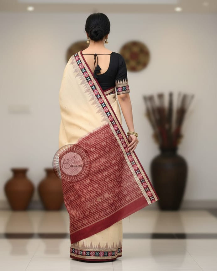 Cream Maroon Pasapali border Handloom Sambalpuri Cotton Saree