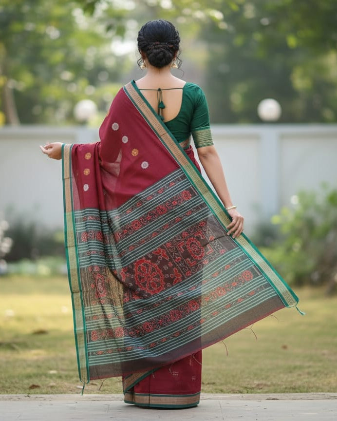 Maroon Multicolor Flower Handloom Sambalpuri Cotton Saree