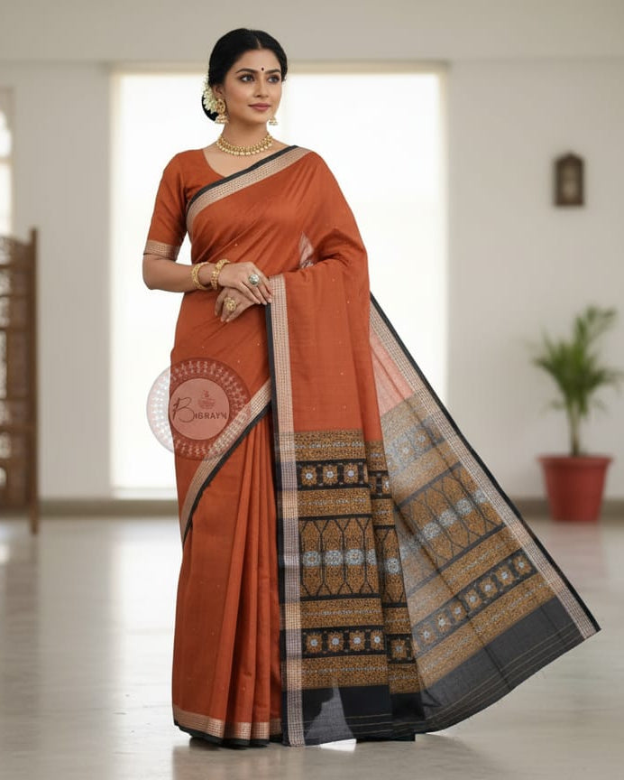 Brown Black Buti Handloom Bomkai  Cotton Saree