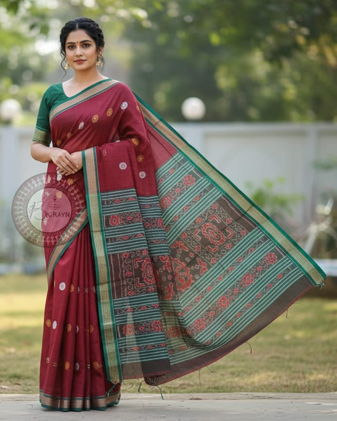 Maroon Multicolor Flower Handloom Sambalpuri Cotton Saree