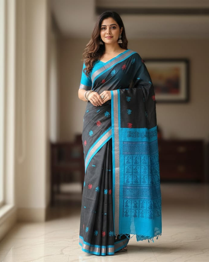 Black Sea Green Doll Handloom Bomkai Cotton Saree