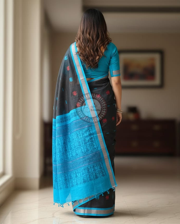 Black Sea Green Doll Handloom Bomkai Cotton Saree