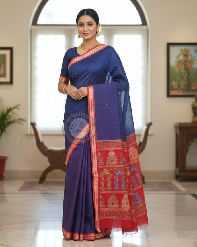 Navy Blue Maroon Bomkai konark Jaala Cotton Saree