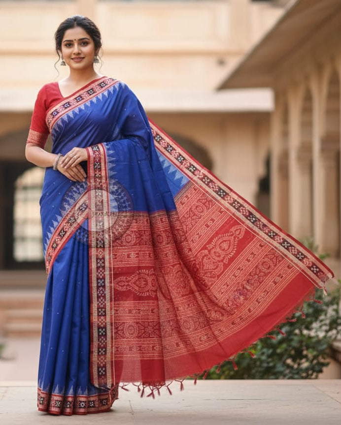 Blue Maroon Buti Pasapali Border Handloom Sambalpuri Cotton Saree