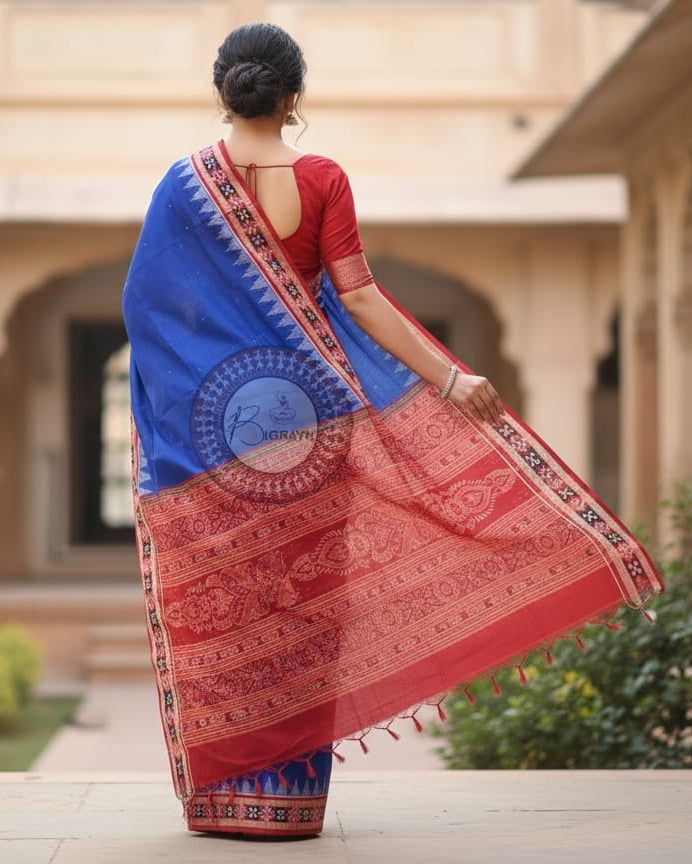 Blue Maroon Buti Pasapali Border Handloom Sambalpuri Cotton Saree