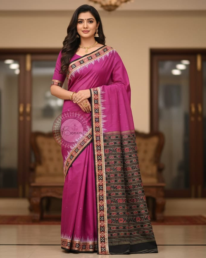 Purple Black Pasapali Border Handloom Sambalpuri Cotton Saree