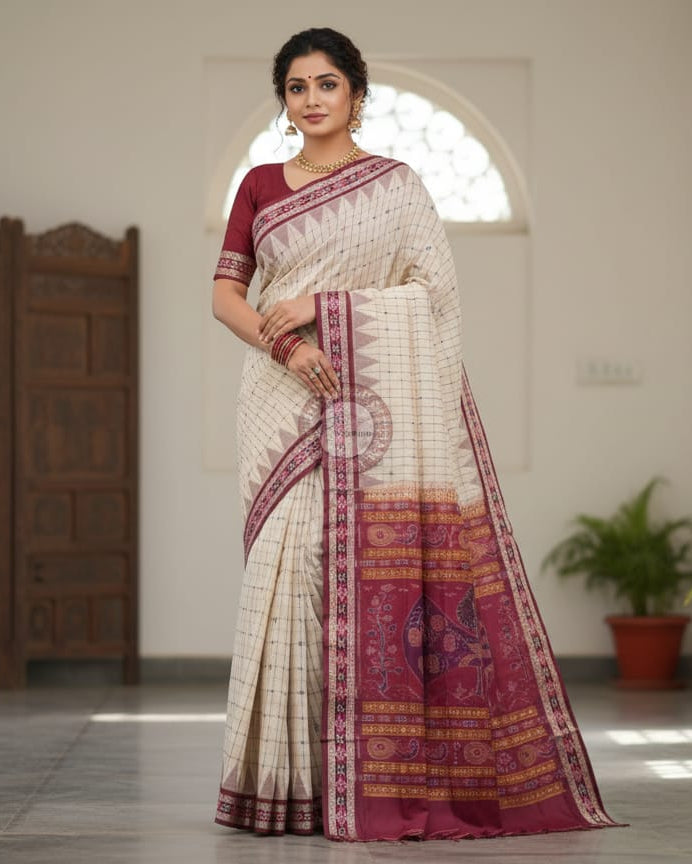 White Maroon Hazarbuti  Handloom Bomkai Cotton Saree