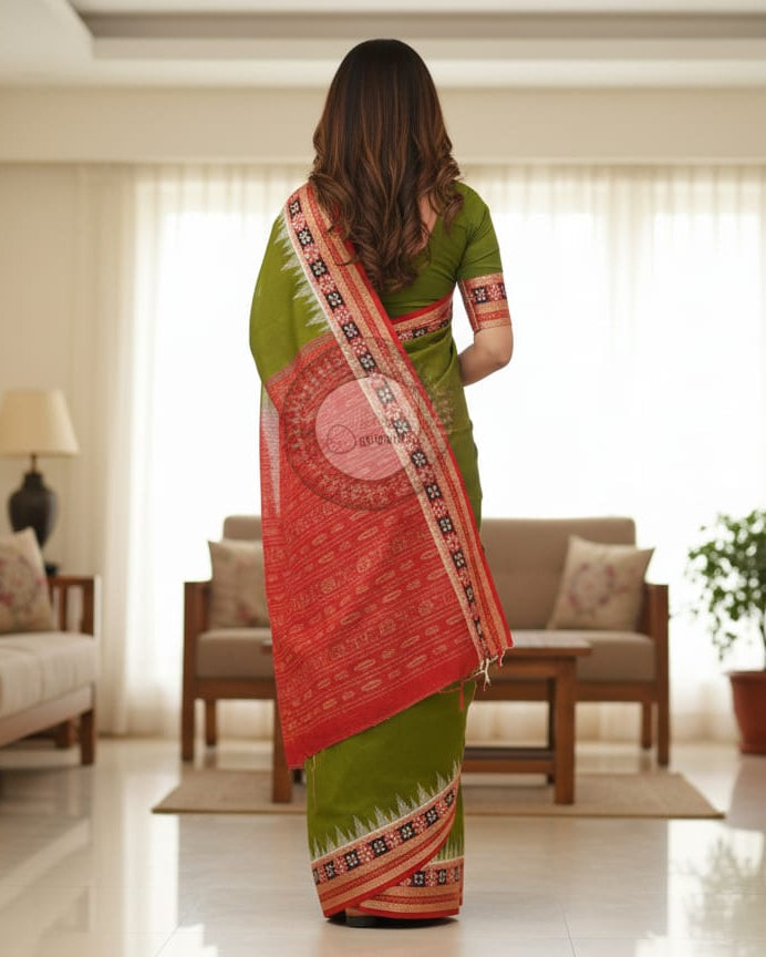 Mehendi Red Pasapali Border Handloom Sambalpuri Cotton Saree
