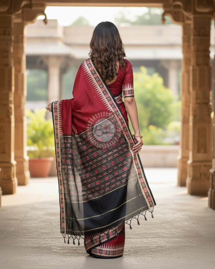 Maroon Black Pasapali Border Handloom Sambalpuri Cotton Saree