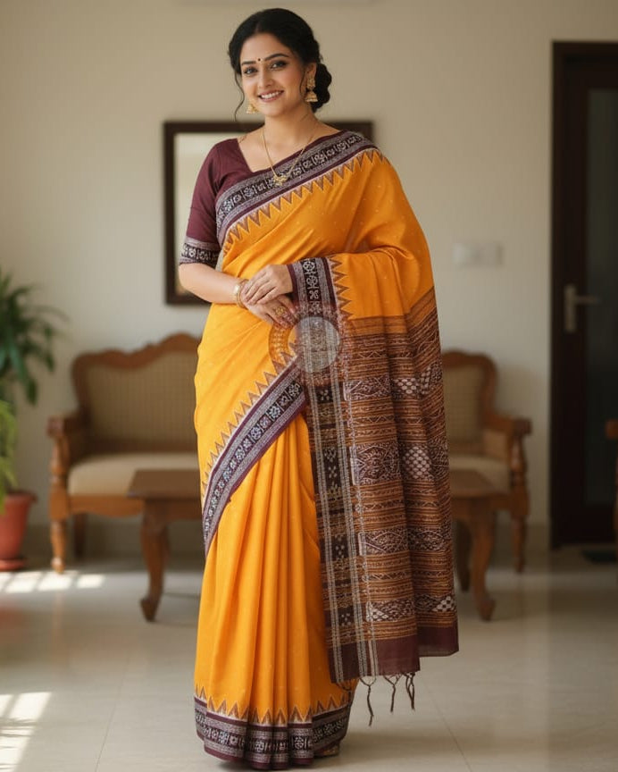 Yellow Pasapali Border Handloom Bomkai Cotton Saree