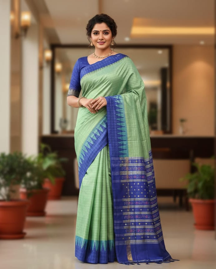 Sea Green Navy Blue Checks Border Handloom Sambalpuri Cotton Saree