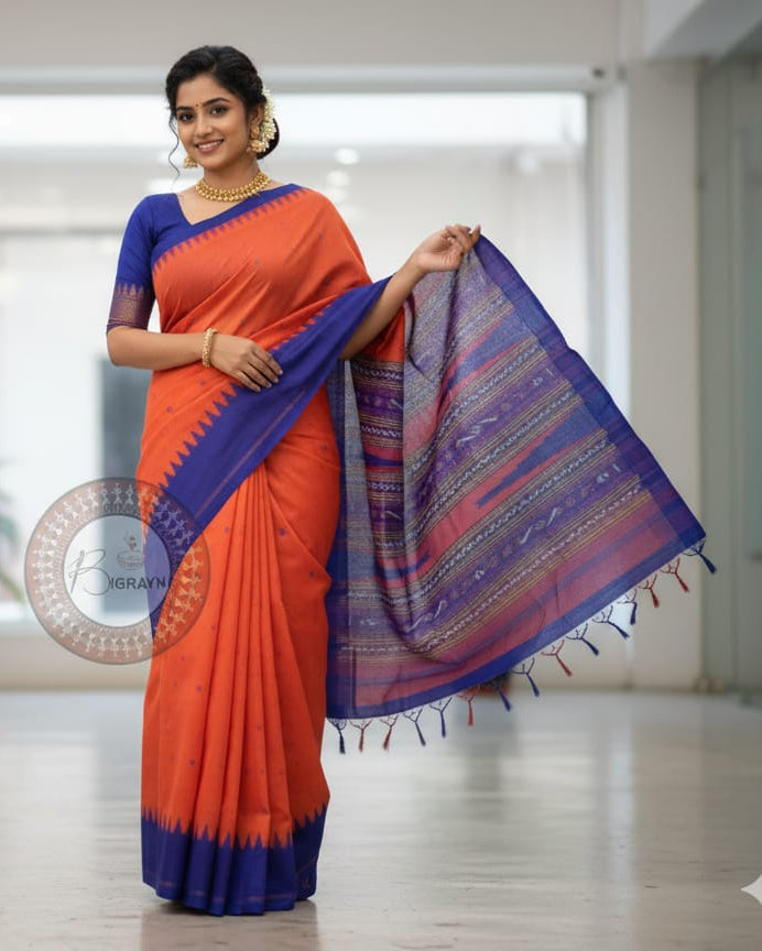 Orange Blue Sachipar Buti Handloom Sambalpuri Cotton Saree