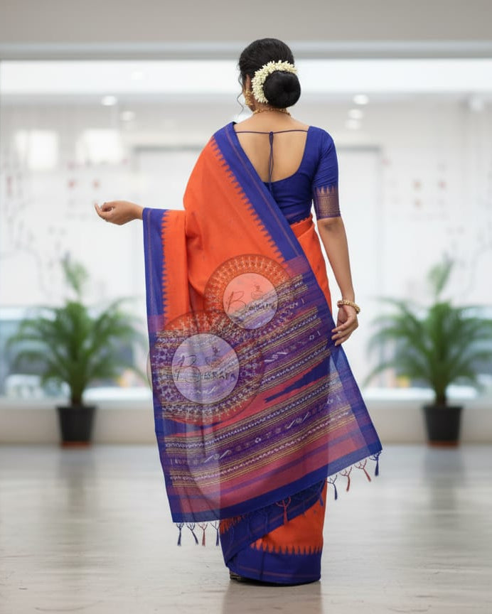 Orange Blue Sachipar Buti Handloom Sambalpuri Cotton Saree