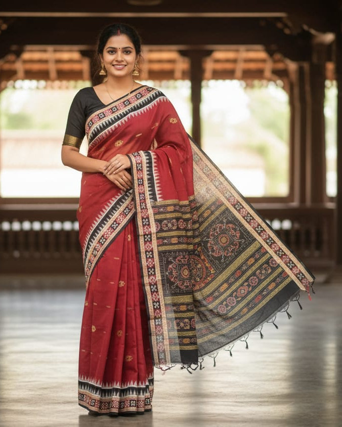 Maroon Multicolor Pasapali Border Handloom Sambalpuri Cotton Saree
