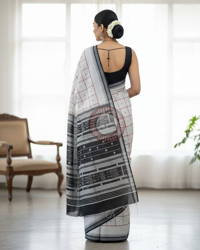 White Black Danti Checks Buti Handloom Sambalpuri Cotton Saree
