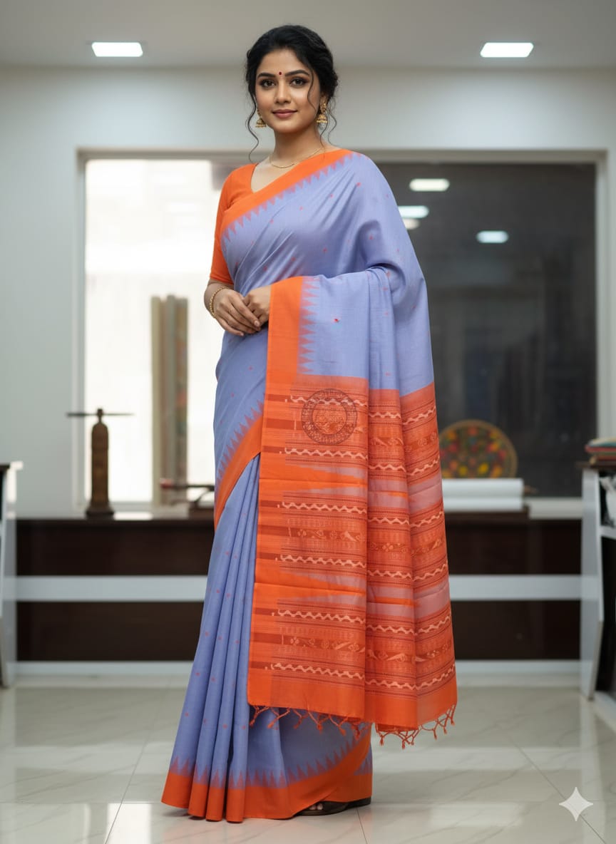 Light Shade Of Blue & Orange  Sachipar Buti Handloom Sambalpuri Cotton Saree