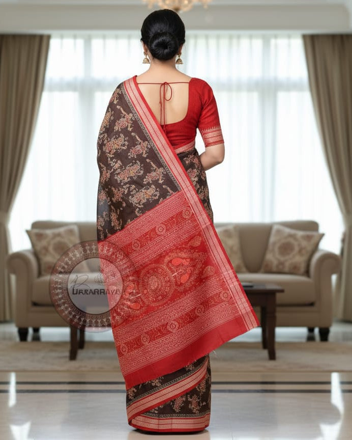 Black Red Dancer Design Odisha Handloom Sambalpuri Cotton Saree